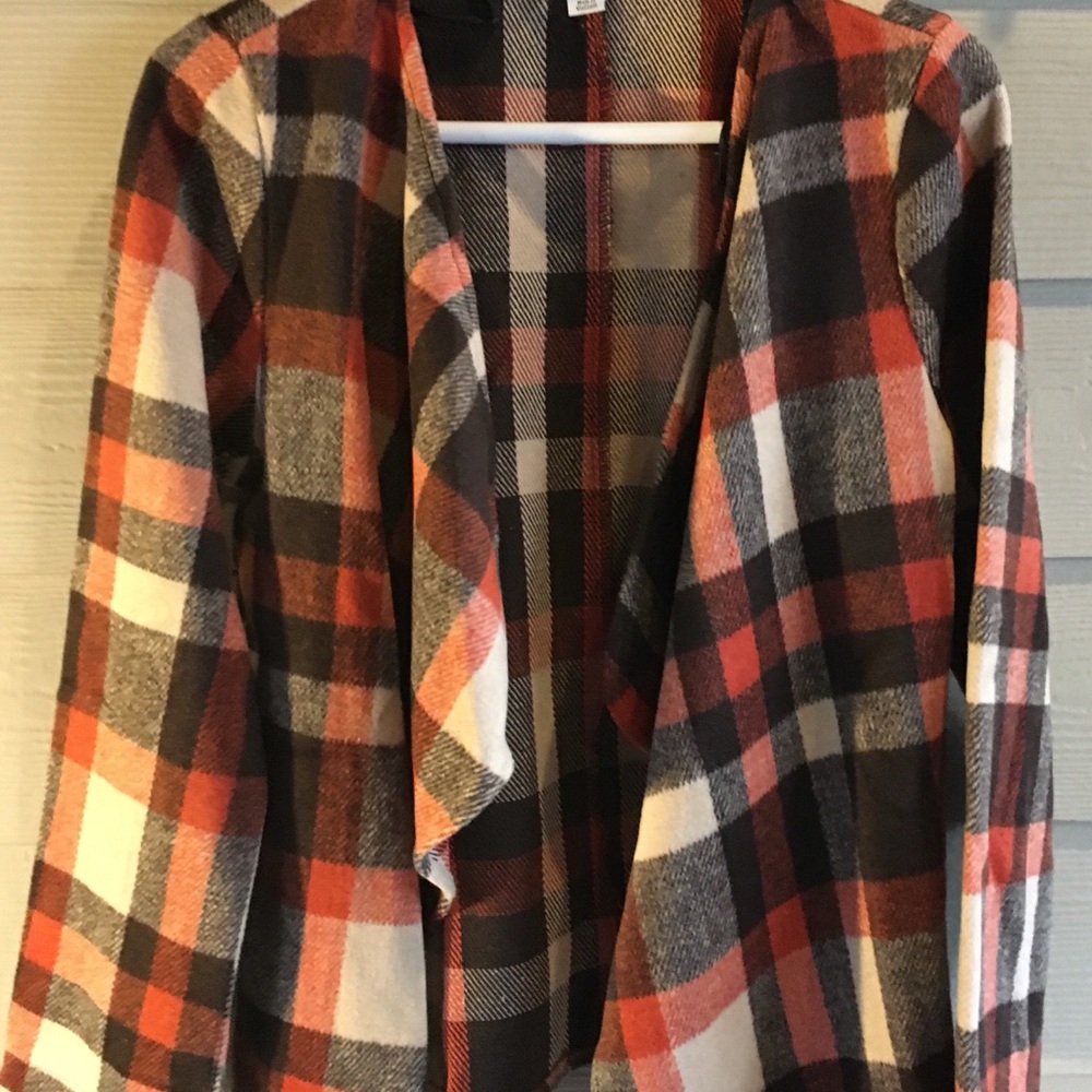 FAVLUX Plaid Open-Front Blazer Jacket in Orange, Black & Cream